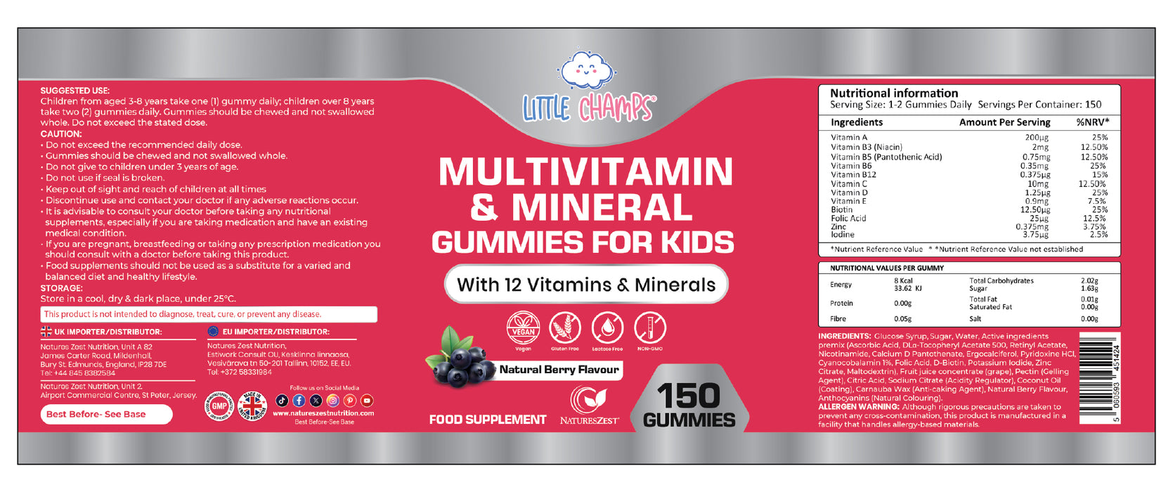 Multivitamin & Mineral Gummies for Kids With 12 Essential Vitamins, Immune Support, Energy & Brain Health, Natural Berry Flavour, 150 Gummies