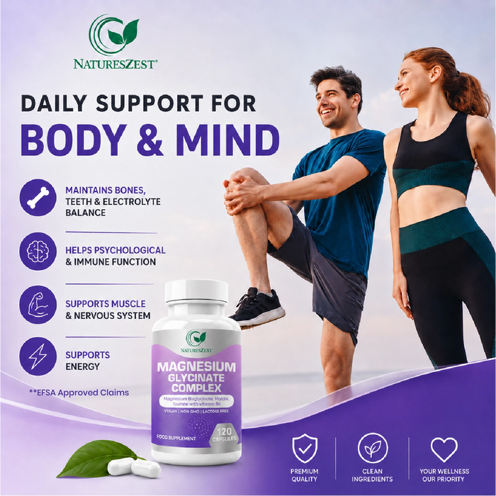 Magnesium Complex for Energy, Sleep & Muscle Support – Glycinate, Malate & Taurate with Vitamin B6, 120 Vegan Capsules