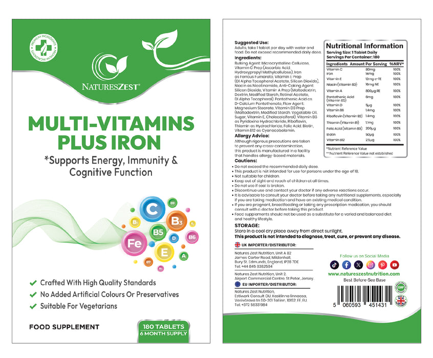 Multivitamin Plus Iron – High Strength Formula Energy, Immunity & Cognitive Support 180 Vegetarian Tablets (6-Month Supply)