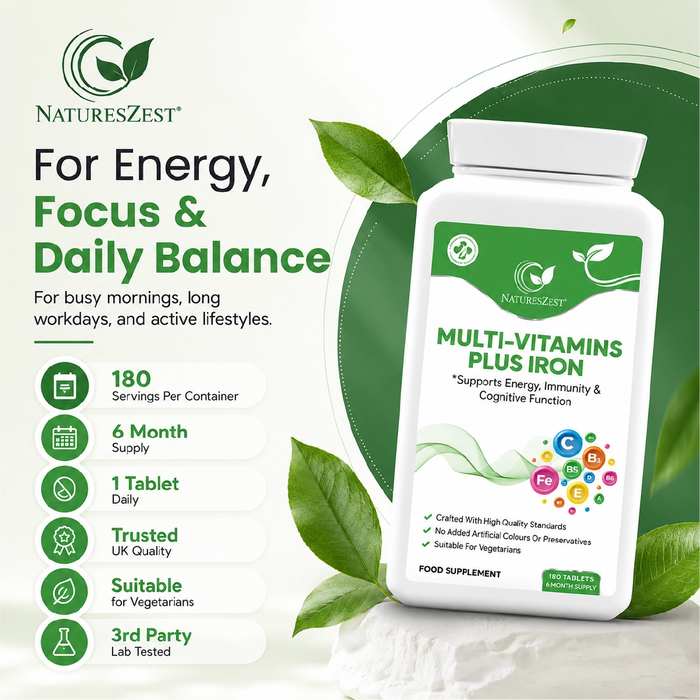 Multivitamin Plus Iron for Energy, Immunity & Cognitive Support – High Strength Formula, 180 Vegetarian Tablets (6-Month Supply)