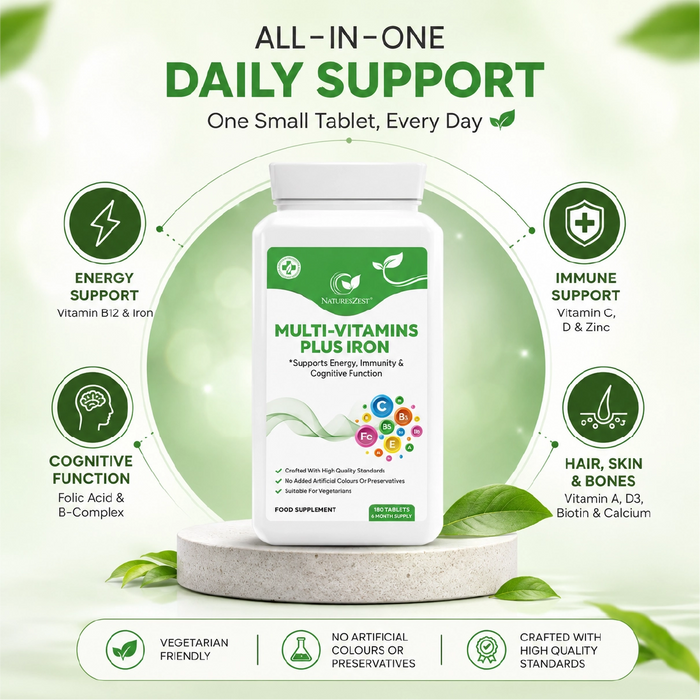 Multivitamin Plus Iron for Energy, Immunity & Cognitive Support – High Strength Formula, 180 Vegetarian Tablets (6-Month Supply)