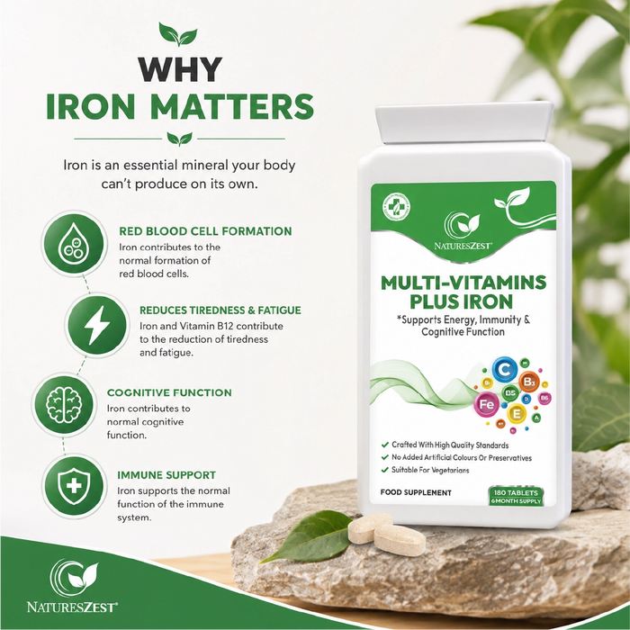 Multivitamin Plus Iron for Energy, Immunity & Cognitive Support – High Strength Formula, 180 Vegetarian Tablets (6-Month Supply)