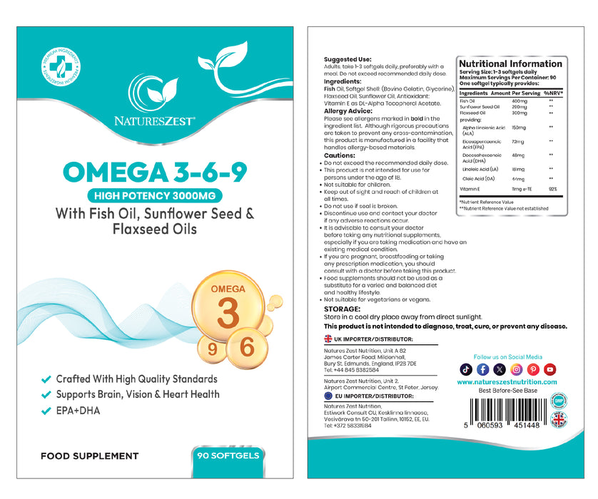 Omega 3-6-9 High Strength 3000mg – Fish Oil, Flaxseed & Sunflower Seed Oils, EPA & DHA for Heart, Brain & Vision