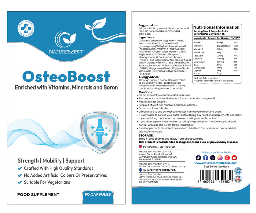 OsteoBoost Bone Support Supplement – Calcium, Vitamin D3, K2, Magnesium, Zinc, Boron for Strong Bones, Mobility & Joint Health