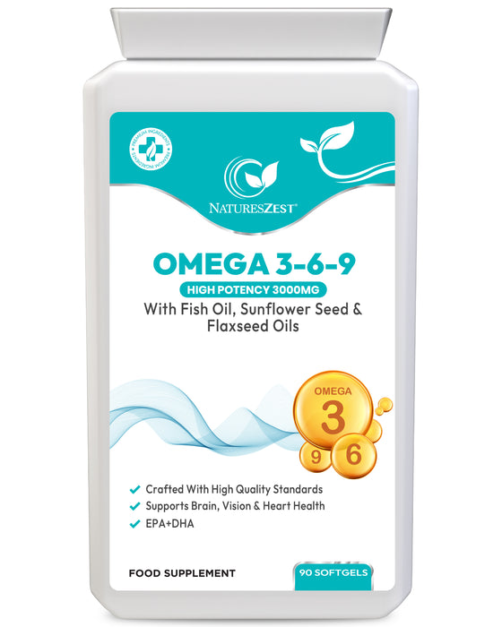 Omega 3-6-9 High Strength 3000mg – Fish Oil, Flaxseed & Sunflower Seed Oils, EPA & DHA for Heart, Brain & Vision