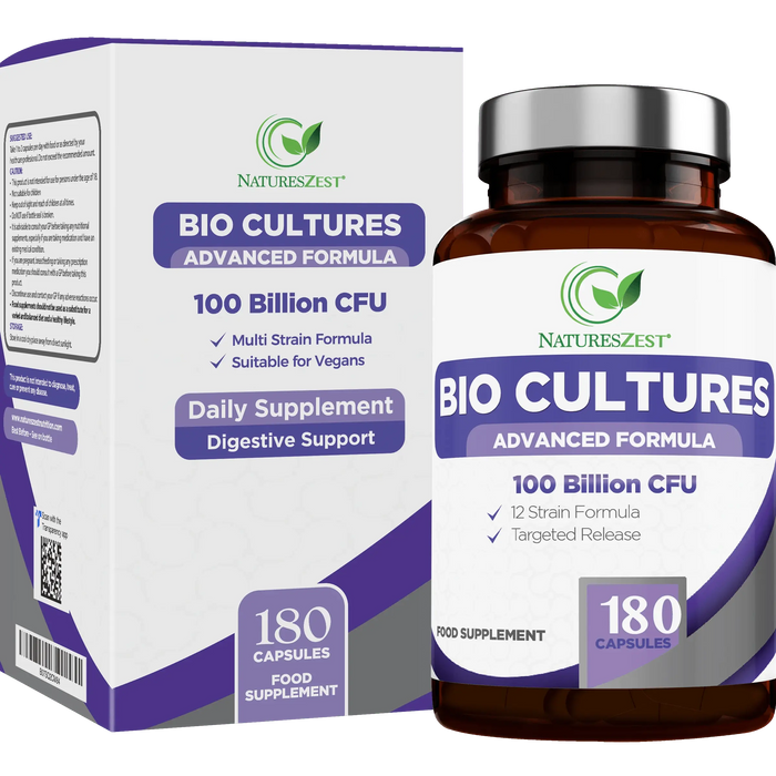 Probiotics Supplement 100 Billion CFU with Prebiotics Bio Cultures Complex 180 Vegan Caps Natures Zest