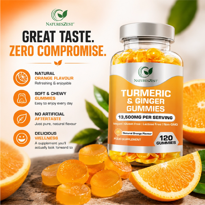 Turmeric & Ginger Gummies for Joint, Immunity & Digestive Support – Natural Orange Flavour, 120 Vegan Gummies