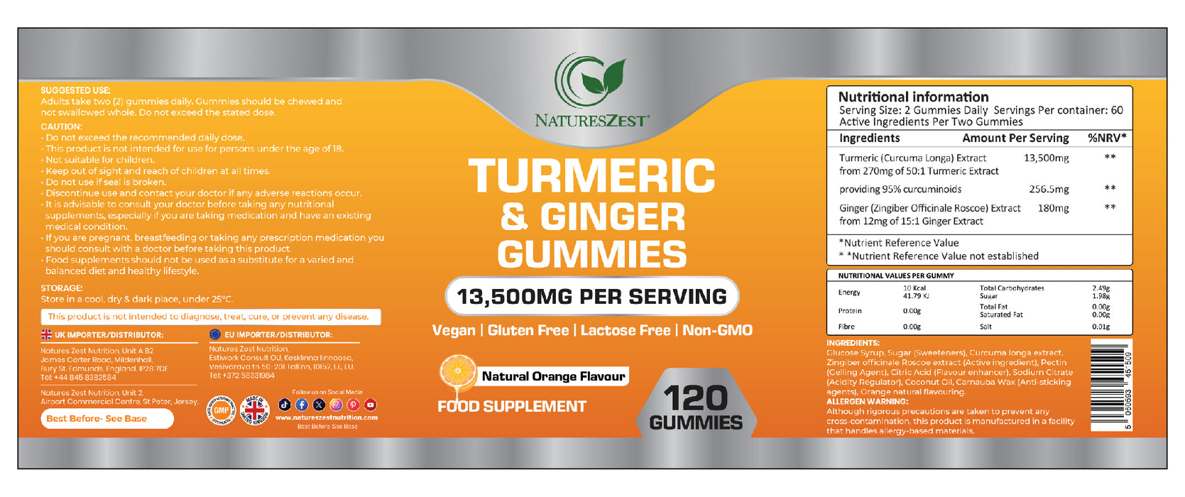 Turmeric & Ginger Gummies – Natural Orange Flavour, Vegan Gummy Supplement, Joint, Immune & Digestive Support, 120 Chewable Gummies