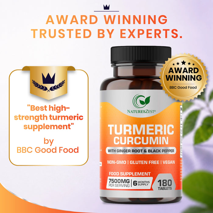 Turmeric Curcumin for Joint Comfort & Mobility Support– High Strength 7500mg Complex with Black Pepper & Ginger, 180 Tablets