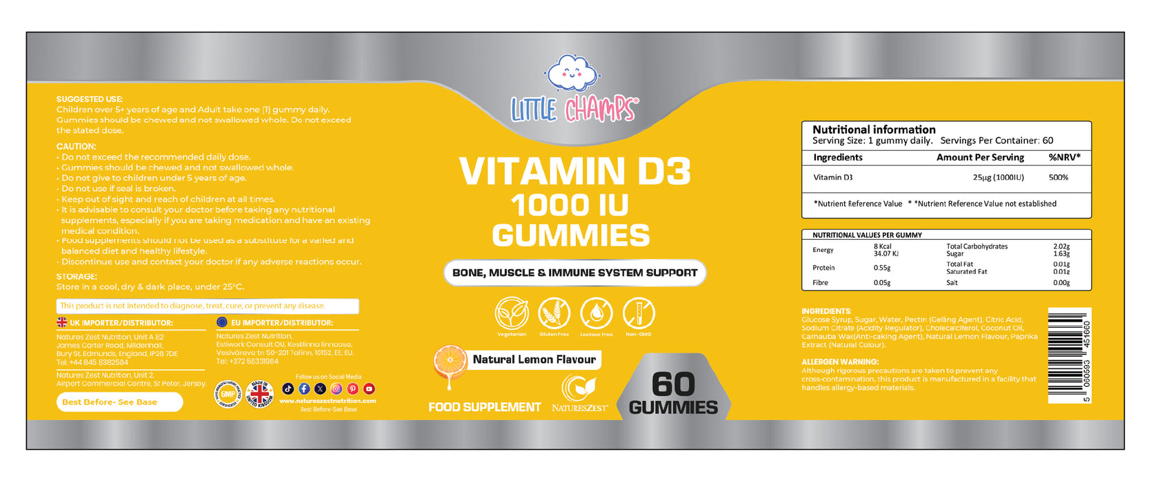 Vitamin D3 1000IU Gummies for Children Bone, Muscle & Immune Support – 60 Natural Lemon Flavour Gummies