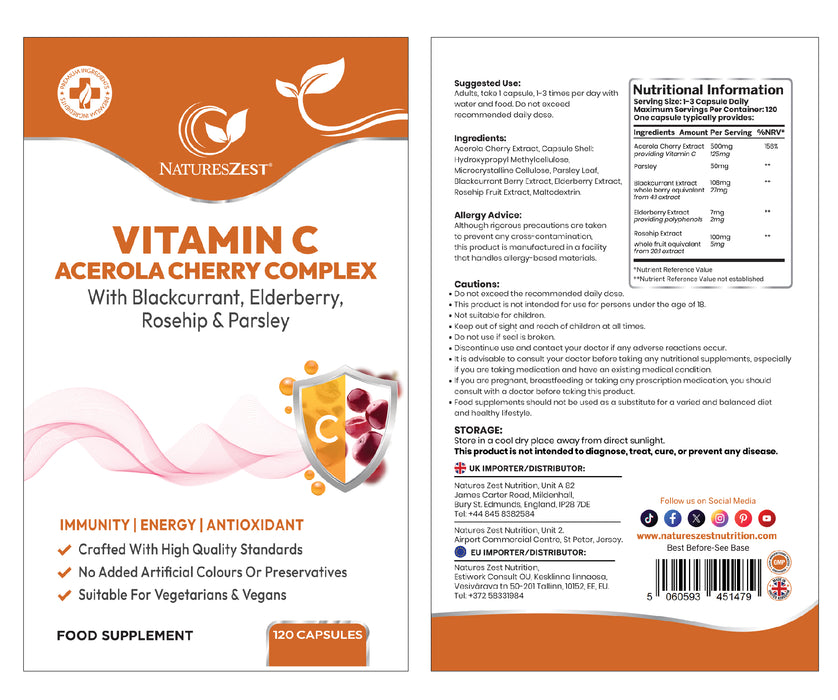 Vitamin C Acerola Cherry Complex – Natural Immune & Energy Support with Elderberry, Rosehip & Blackcurrant – 120 Vegan Capsules