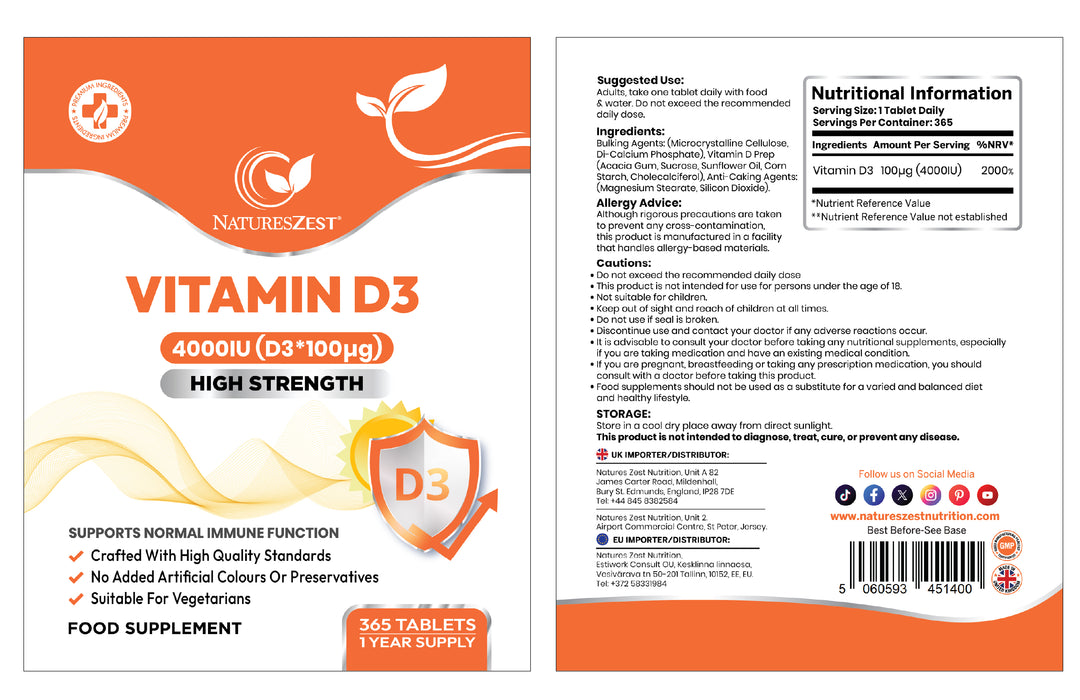 Vitamin D3 4000 IU – High Strength Support for Bones, Muscles, Teeth, Immunity & Calcium Absorption 1-Year Supply