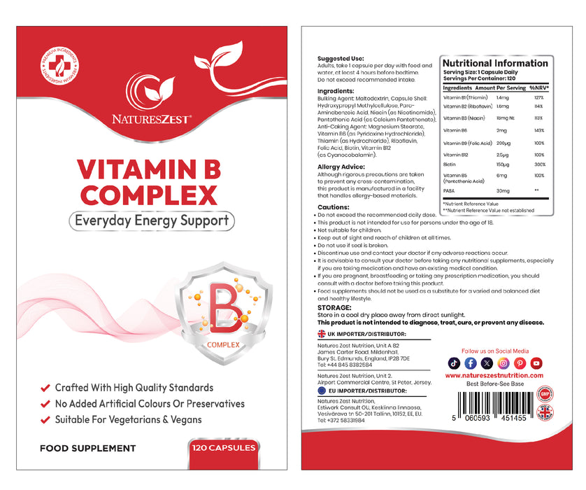 Vitamin B Complex – High Potency B Vitamins with PABA for Energy & Metabolism – 120 Vegan Capsules