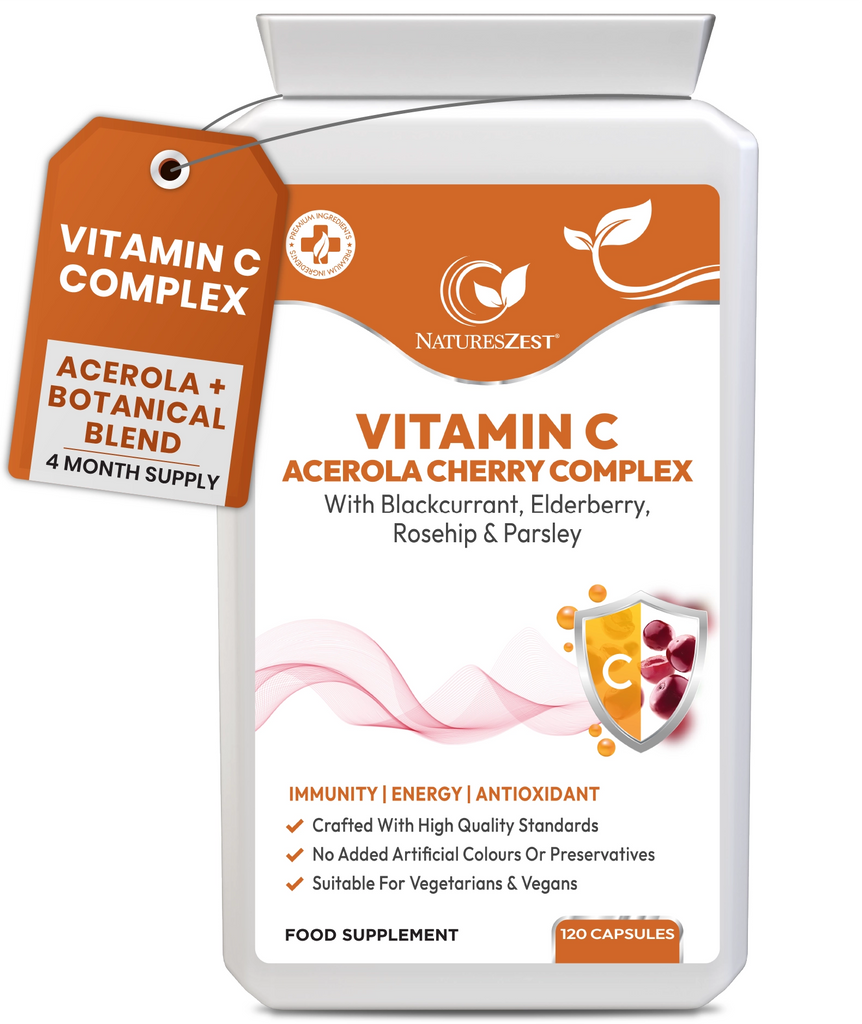 Vitamin C Complex Immune & Energy Support – Acerola Cherry Elderberry Rosehip & Blackcurrant 120 Vegan Capsules