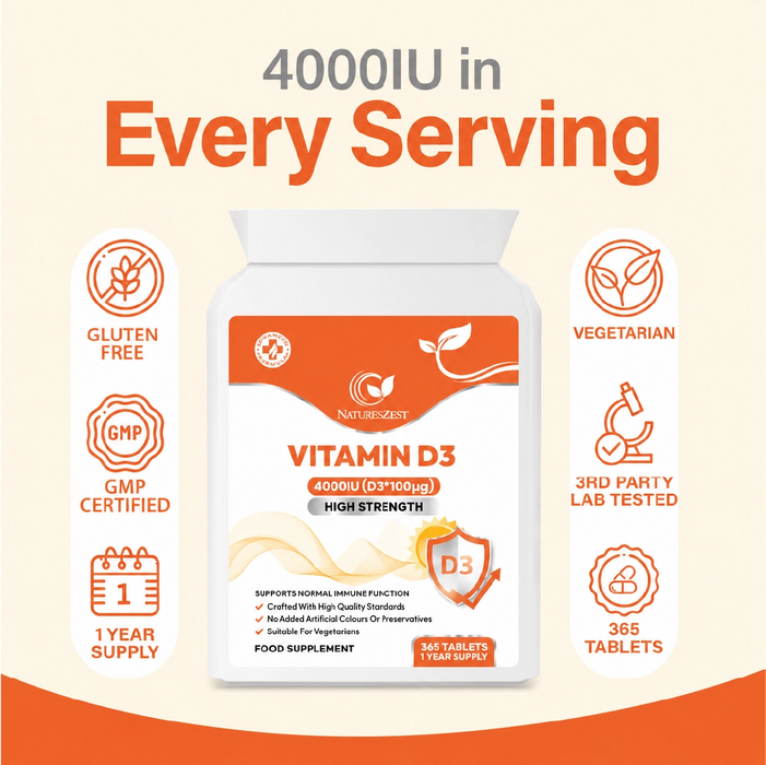 Vitamin D3 4000 IU for Bones, Muscles & Immune Support – High Strength, 1-Year Supply for Teeth & Calcium Absorption 365 Tablets