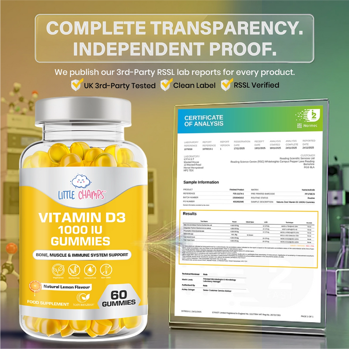 Vitamin D3 1000IU Gummies for Children Bone, Muscle & Immune Support – 60 Natural Lemon Flavour Gummies