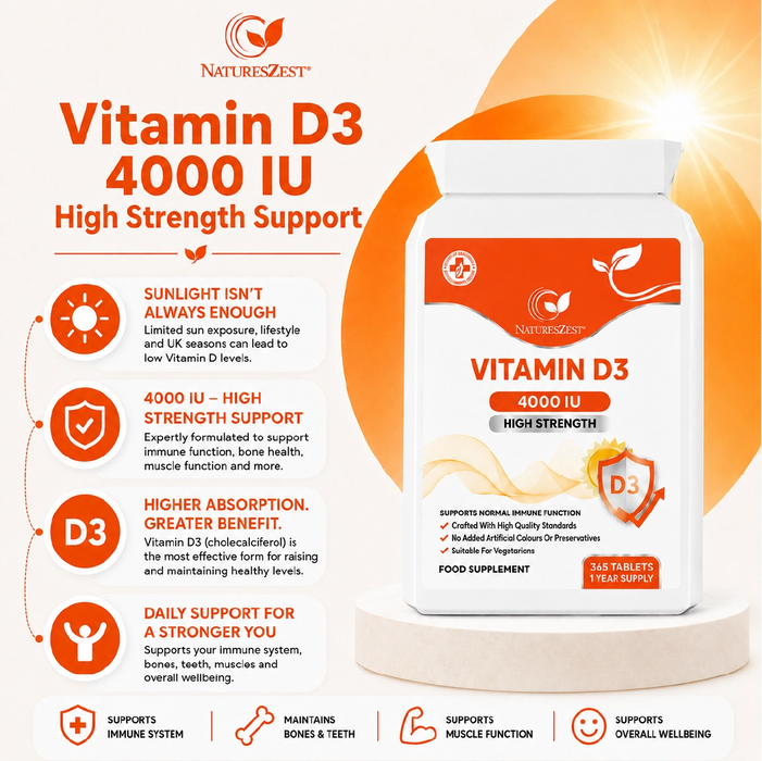 Vitamin D3 4000 IU for Bones, Muscles & Immune Support – High Strength, 1-Year Supply for Teeth & Calcium Absorption 365 Tablets