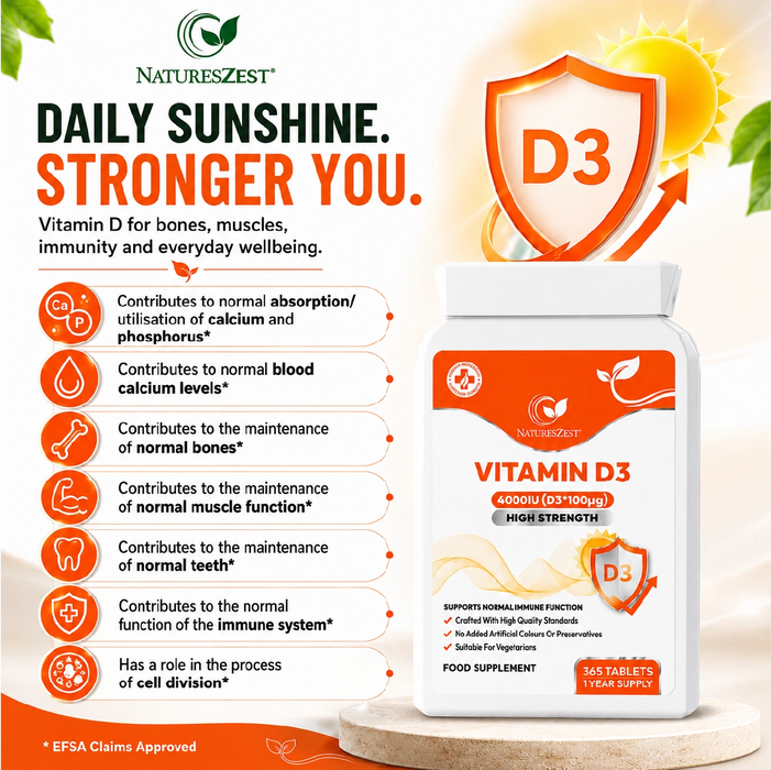 Vitamin D3 4000 IU for Bones, Muscles & Immune Support – High Strength, 1-Year Supply for Teeth & Calcium Absorption 365 Tablets