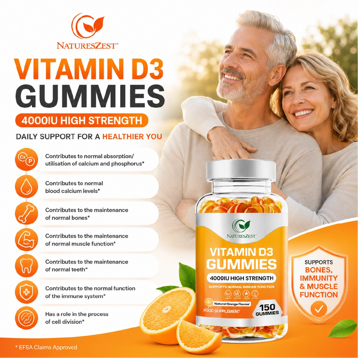 Vitamin D3 Gummies for Bone, Muscle & Immune Support – High Strength 4000 IU, 150 Vegetarian-Friendly Gummies
