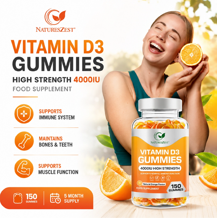 Vitamin D3 Gummies for Bone, Muscle & Immune Support – High Strength 4000 IU, 150 Vegetarian-Friendly Gummies