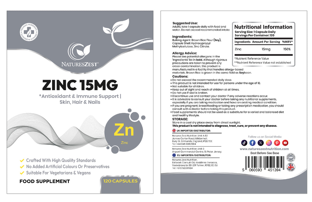 Zinc 15mg Supplement – 120 Vegan Capsules | Highly Absorbable Zinc Citrate | Supports Immunity, Hair, Skin, Nails, Cognitive Function & Bones