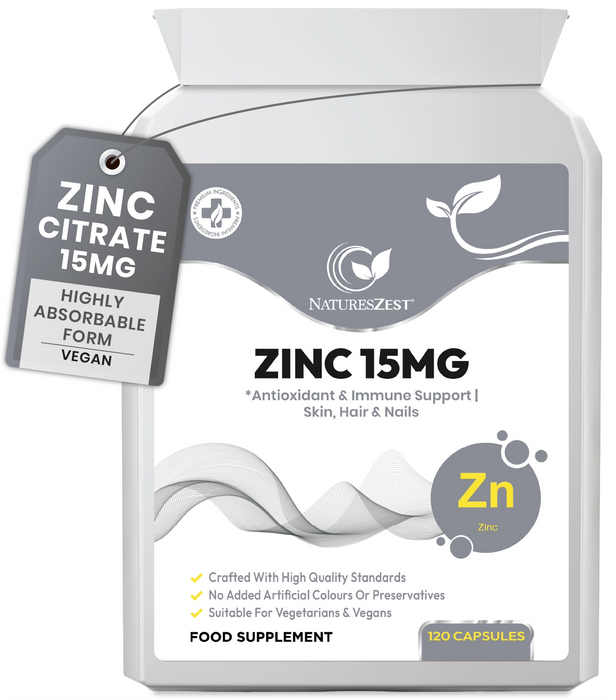 Zinc Supplement for Immunity, Skin & Cognitive Health Support – Highly Absorbable Zinc Citrate 15mg, 120 Vegan Capsules for Hair, Skin, Nails & Bones
