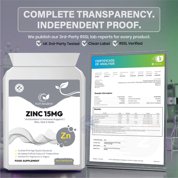 Zinc Supplement for Immunity, Skin & Cognitive Health Support – Highly Absorbable Zinc Citrate 15mg, 120 Vegan Capsules for Hair, Skin, Nails & Bones