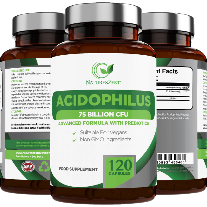Natures Zest High Strength Acidophilus 75 Billion CFU With Prebiotics 120 Capsules